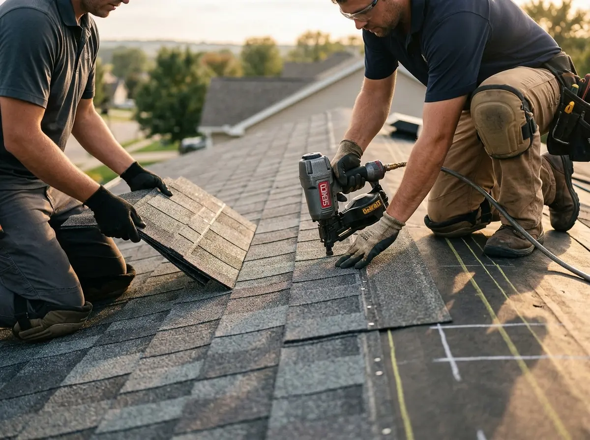 Professional roofer working on a residential roof in Plover